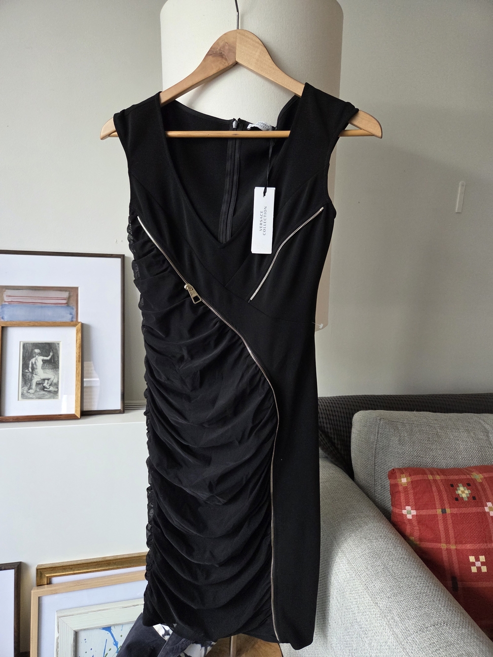 Versace Sleeveless Black Ruched Sheath Dress with Zip Detail